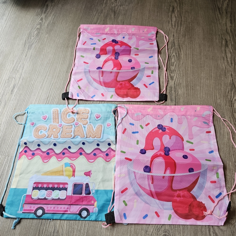 Ice Cream Themed Drawstring Backpack Treat Bags NWOT Bundle With Two Matching